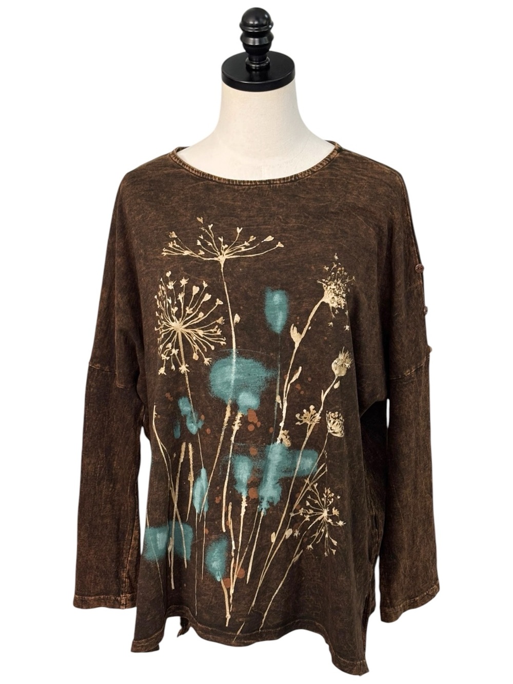 Jess & Jane dark brown Mineral Washed tunic top 3-button accent dolman sleeve| L - Picture 2 of 13